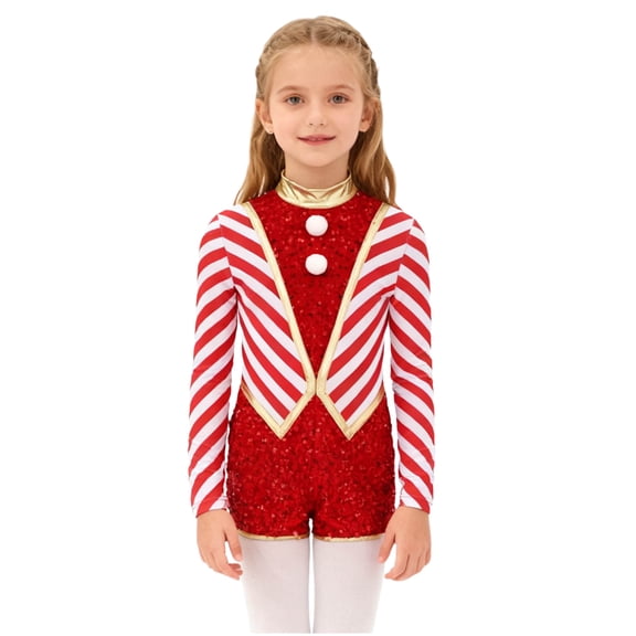 Aislor Girls Christmas Dance Leotard Striped Sequins Shorts Jumpsuits Santa Elf Clothings Red 6