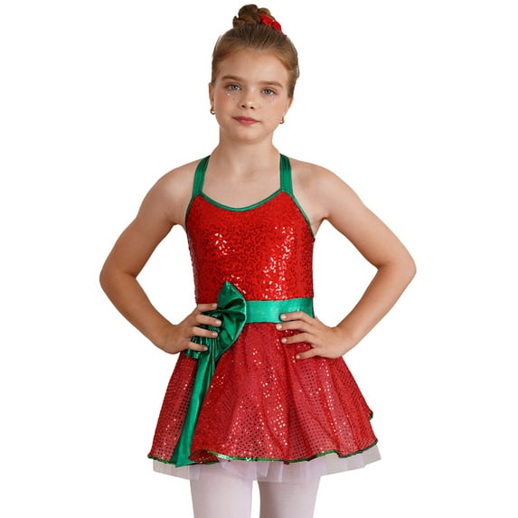 Aislor Girls Christmas Elf Dress Shiny Sequins Figure Ice Skating Dance Ballet Leotard Tutu Skirt Dancewear Red 14