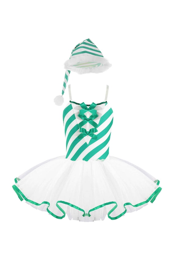 Girls Christmas Party Candy Cane Costume Striped Figure Skating Dance Tutu Dress with Santa Hat Green 14
