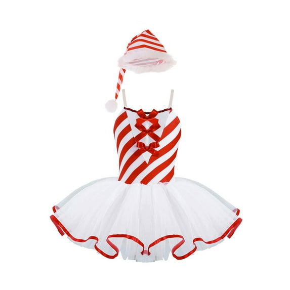 Aislor Girls Christmas Party Candy Cane Costume Striped Figure Skating Dance Tutu Dress with Santa Hat Red 6