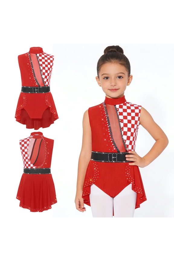 Girls Circus Clown Jumpsuit Sleeveless Rhinestones Decor Patchwork Back Cutout Overlay Romper Red 16