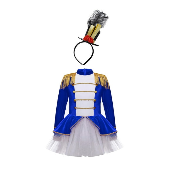 Aislor Girls Circus Ringmaster Costume Long Sleeve Dress with Headband Tassel Lion Tamer Marching Band Team Uniform Royal Blue 10