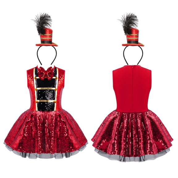 Aislor Girls Circus Ringmaster Drummer Sparkly Sequins Tutu Dress with Hair Hoop Red 4