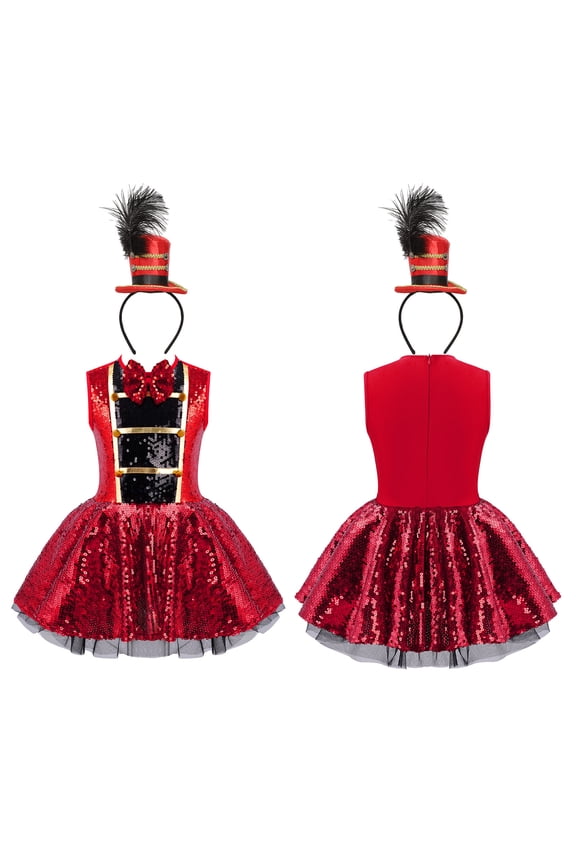 Girls Circus Ringmaster Drummer Sparkly Sequins Tutu Dress with Hair Hoop Red 4
