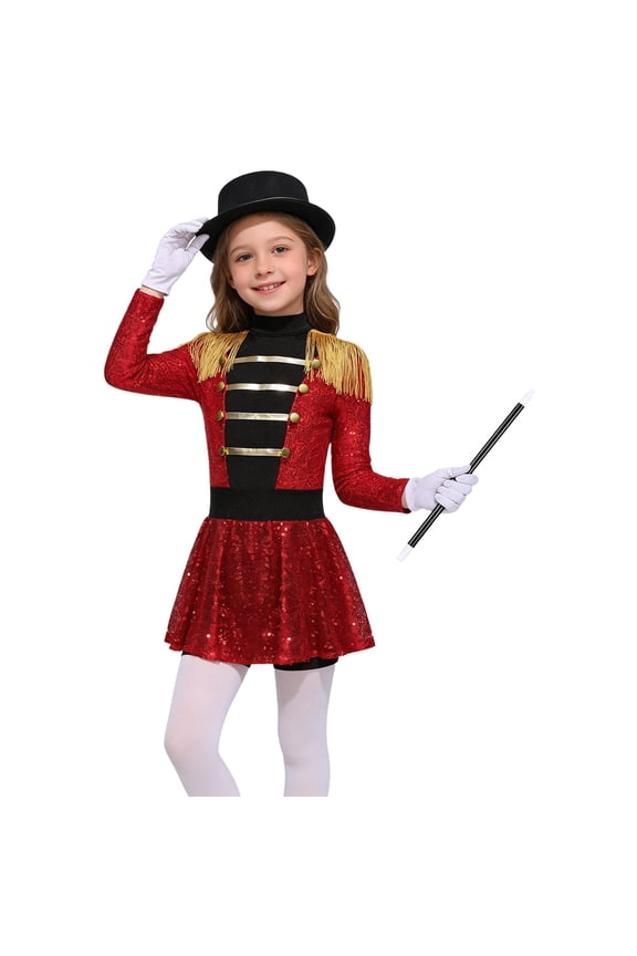 Girls Circus Ringmaster Jumpsuit Shiny Sequins Performance Leotard Dress Magician Outfits Red 8