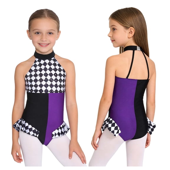 Aislor Girls Clown Leotard Halter Sleeveless Rhinestones Checkerboard Pattern Bodysuit for Dancing Training Purple 6
