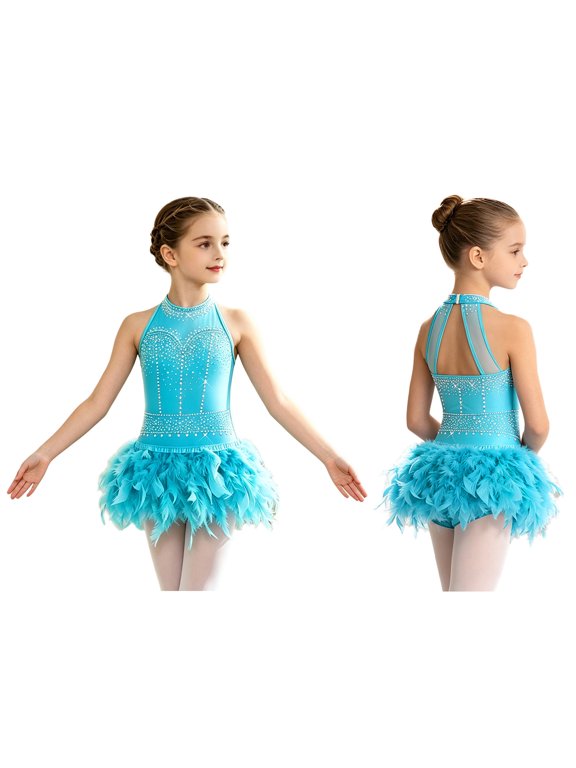 Girls Feather Latin Dance Leotard Dress Sleeveless Cutout Back Mesh Patchwork Dancewear for Stage Performance Light Blue 16