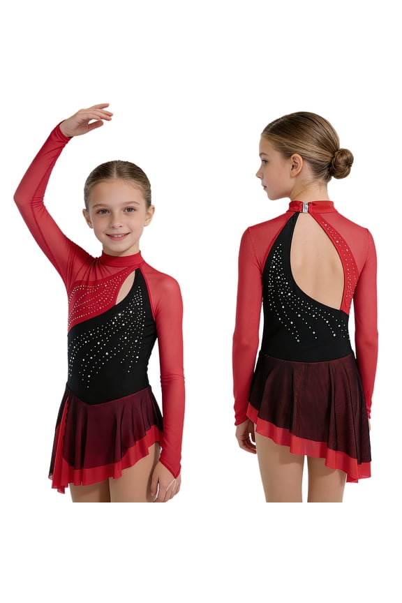 Girls Figure Ice Skating Dress Rhinestone Rhythmic Gymnastics Skirted Leotard for Dance Competition Burgundy 6