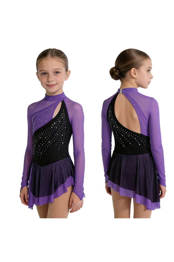 Girls Figure Ice Skating Dress Rhinestone Rhythmic Gymnastics Skirted Leotard for Dance Competition Purple 12