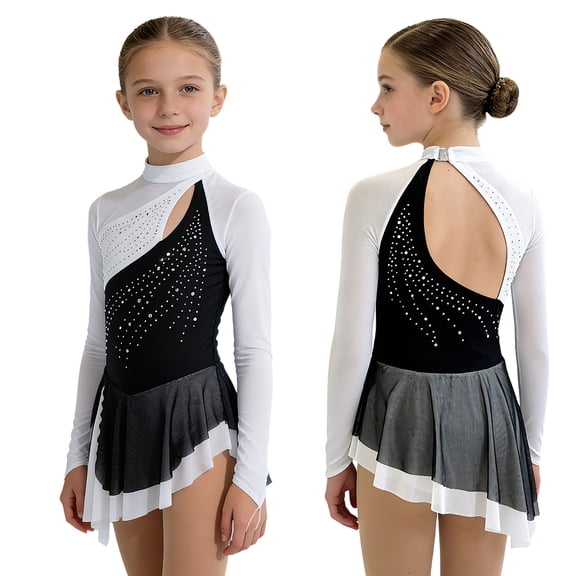 Aislor Girls Figure Ice Skating Dress Rhinestone Rhythmic Gymnastics Skirted Leotard for Dance Competition White 6