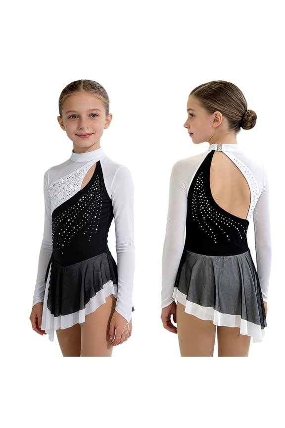 Girls Figure Ice Skating Dress Rhinestone Rhythmic Gymnastics Skirted Leotard for Dance Competition White 6