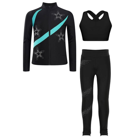 Aislor Girls Figure Ice Skating Gymnastic Sport Long Sleeve Zipper Sweatshirt Crop Tops with Leggings Pants Blue Green 6