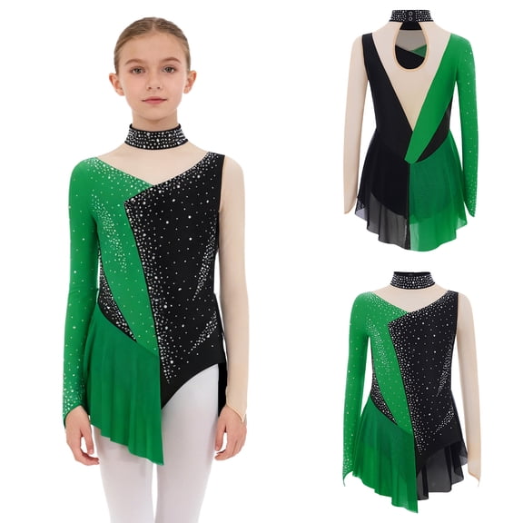 Aislor Girls Figure Ice Skating Leotard Dress Long Sleeve Shiny Rhinestone Mesh Spliced Gymnastics Ballet Dark Green 6