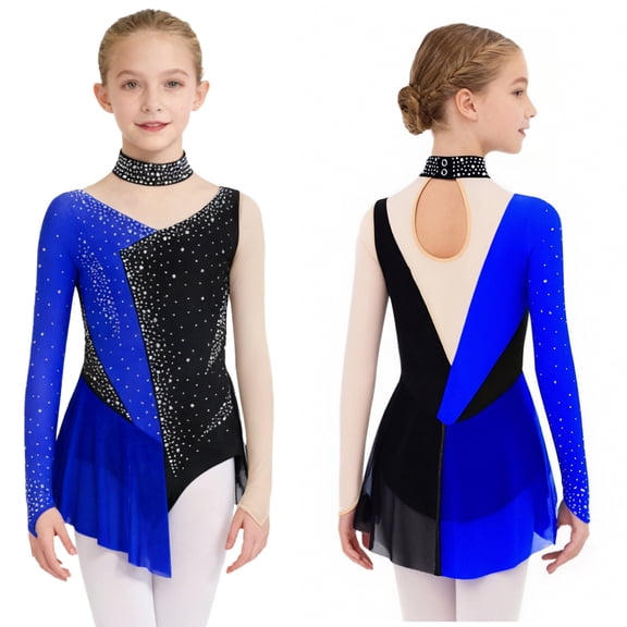 Aislor Girls Figure Ice Skating Leotard Dress Long Sleeve Shiny Rhinestone Mesh Spliced Gymnastics Ballet Navy Blue 6
