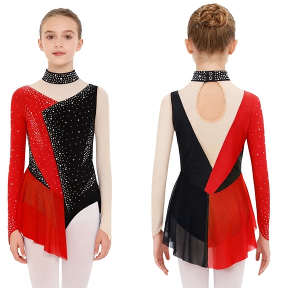Aislor Girls Figure Ice Skating Leotard Dress Long Sleeve Shiny Rhinestone Mesh Spliced Gymnastics Ballet Red 6