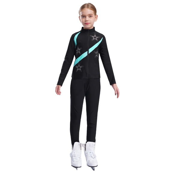 Aislor Girls Figure Skating Jacket Ice Ballet Dance Long Sleeve Jackets with Leggings for Competition Blue Green 11-12