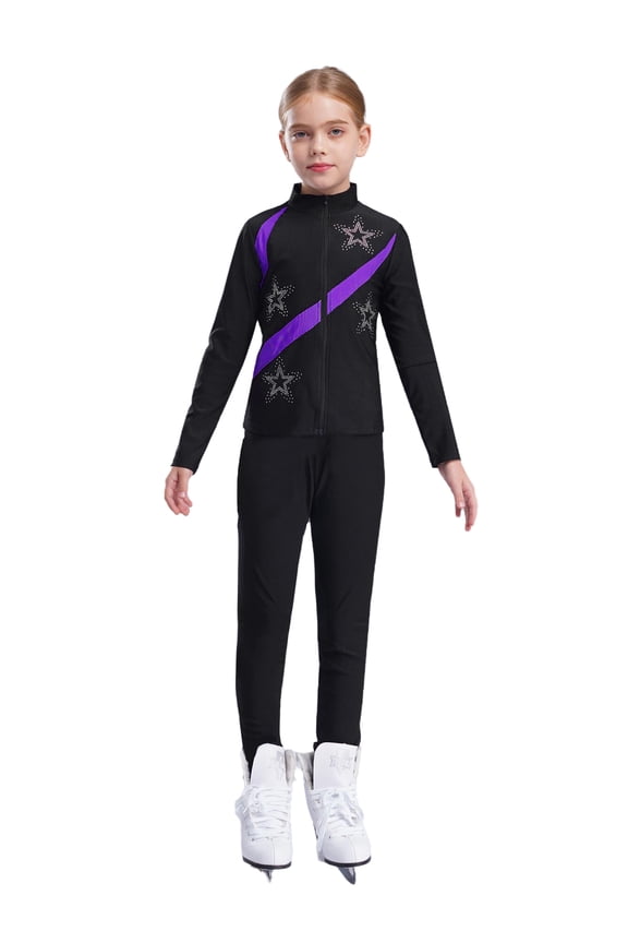 Girls Figure Skating Jacket Ice Ballet Dance Long Sleeve Jackets with Leggings for Competition Purple 13-14