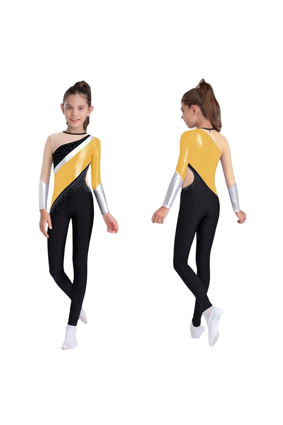 Girls Full Body Gymnastics Leotard Metallic Dance Unitard Long Sleeve One Piece Shiny Bodysuit Gold 10