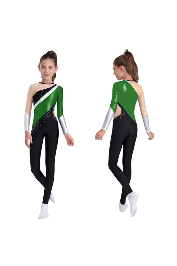 Girls Full Body Gymnastics Leotard Metallic Dance Unitard Long Sleeve One Piece Shiny Bodysuit Green 14