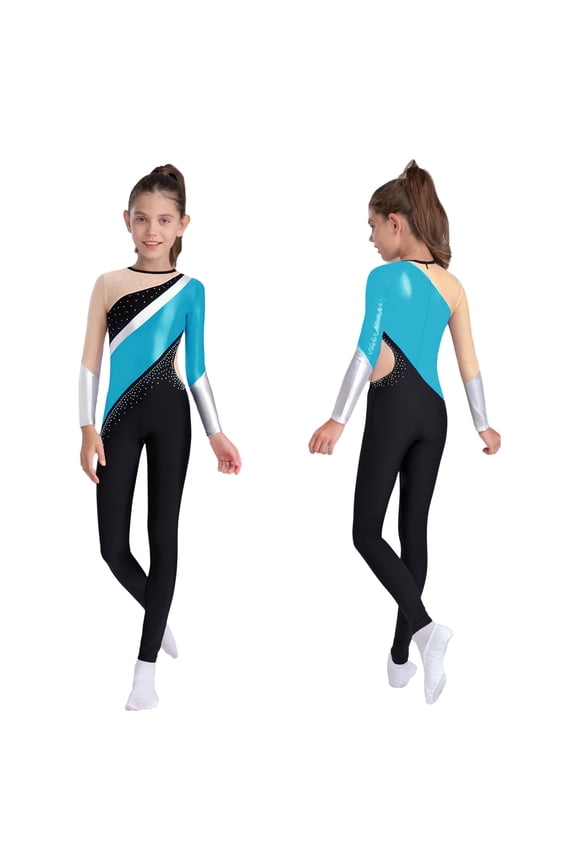 Girls Full Body Gymnastics Leotard Metallic Dance Unitard Long Sleeve One Piece Shiny Bodysuit Light Blue 6