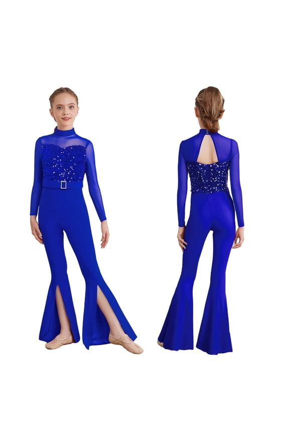 Girls Full Body Unitard Disco Party Bell-Bottom Shiny Sequins Jumpsuits Ballet Jazz Dance Outfit Blue 16