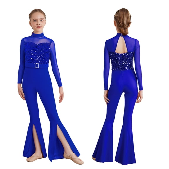 Aislor Girls Full Body Unitard Disco Party Bell-Bottom Shiny Sequins Jumpsuits Ballet Jazz Dance Outfit Blue 8