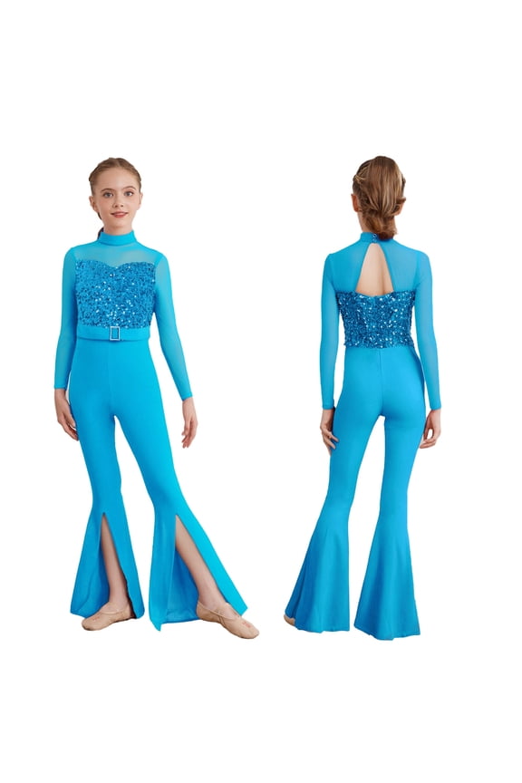 Girls Full Body Unitard Disco Party Bell-Bottom Shiny Sequins Jumpsuits Ballet Jazz Dance Outfit Light Blue 16