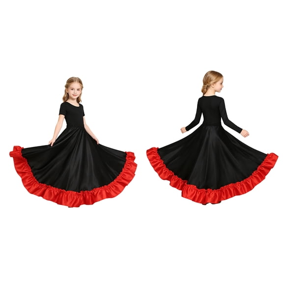 Aislor Girls Full Circle Spanish Bull Dance Skirt Big Swing Flamenco Ballroom Dancewear Performing Dress Black 130