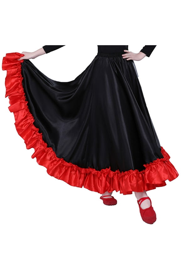 Girls Full Circle Spanish Bull Dance Skirt Big Swing Flamenco Ballroom Dancewear Performing Dress Black 180 Degree 7-8