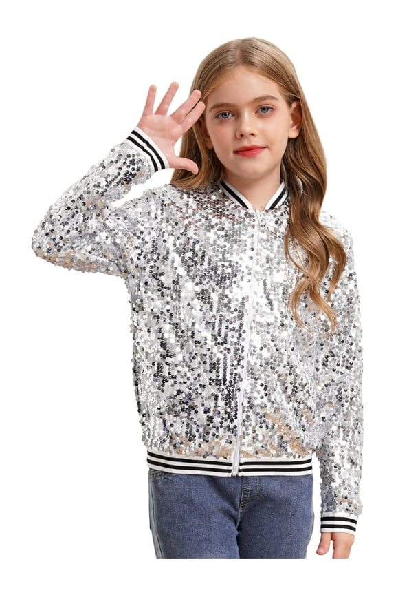Girls Full Sequin Jackets Long Sleeve Bomber Jacket Zip Up Coat Sparkle Outwear Size 6-16 A Silver 16