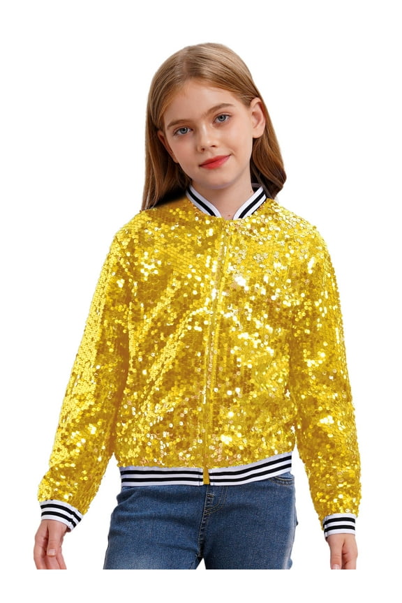 Girls Full Sequin Jackets Long Sleeve Bomber Jacket Zip Up Coat Sparkle Outwear Size 6-16 Gold 6