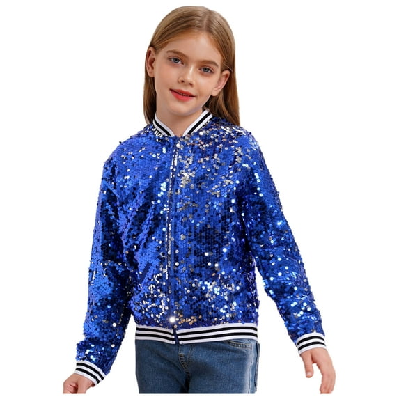 Aislor Girls Full Sequin Jackets Long Sleeve Bomber Jacket Zip Up Coat Sparkle Outwear Size 6-16 Royal Blue 14