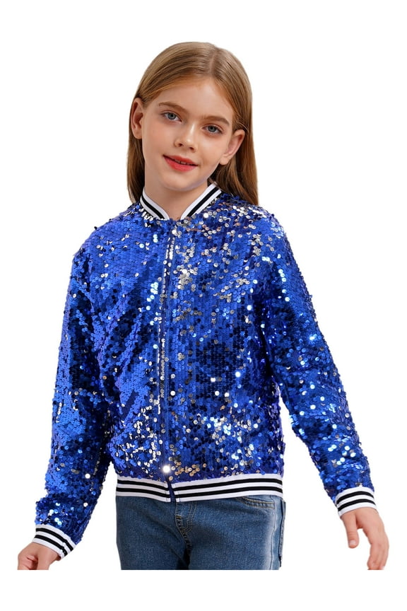 Girls Full Sequin Jackets Long Sleeve Bomber Jacket Zip Up Coat Sparkle Outwear Size 6-16 Royal Blue 8