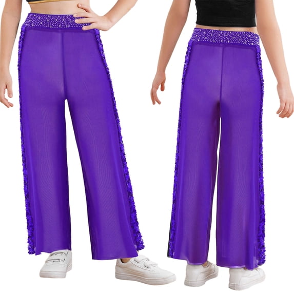 Aislor Girls Glitter Rhinestone Sequin Sheer Mesh Wide Leg Pants Modern Figure Skating Jazz Dance Pants Purple 6