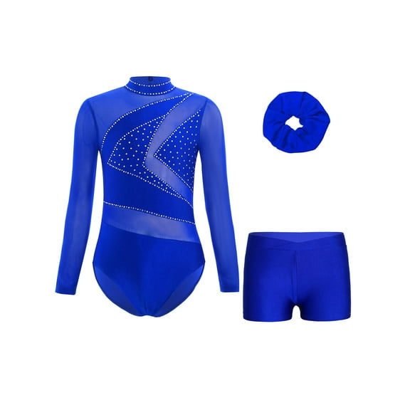Aislor Aislor Kids Girls Sparkly Long Sleeve Gymnastics Leotard Bodysuit Biketard with Tumbling Dance Shorts Hair Tie Set Blue 8