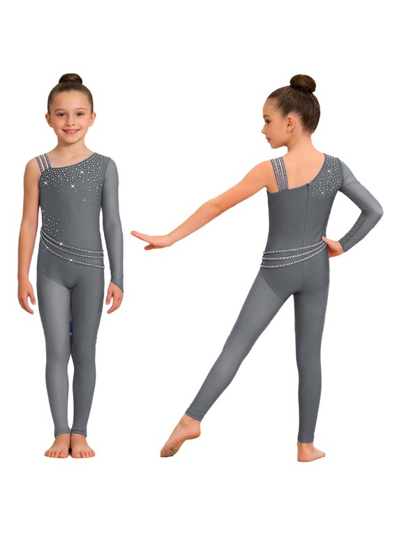 Girls Gymnastics Full Body Athletic Unitard Stage Performance Competitions Sequined Bodysuit Gray 16