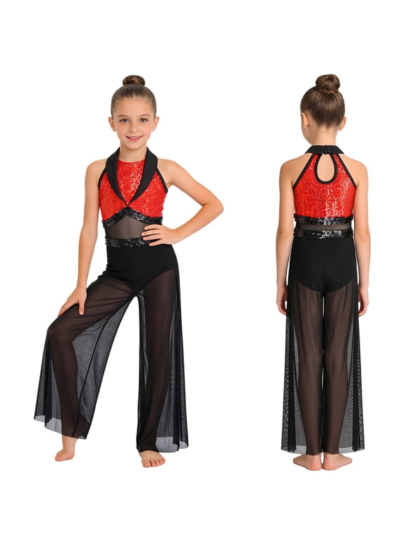 Girls Gymnastics Jumpsuit Dance Competition Outfit for Figure Skating Cha-cha Sporty Wear Jazz Clothing Red 6