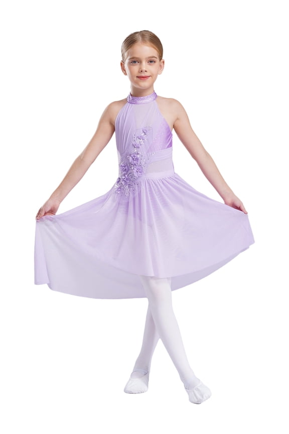 Girls Gymnastics Leotard Sequined Ballroom Lyrical Ballet Latin Jazz Dance Dress Light Purple 16