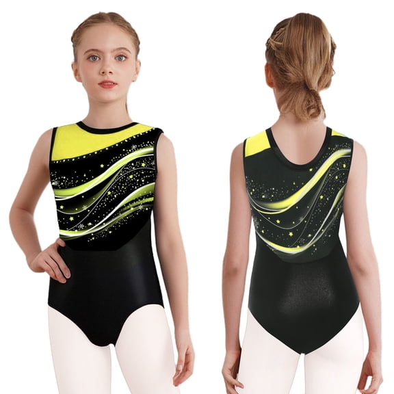 Aislor Girls Gymnastics Leotards Sparkly Sleeveless Unitard Biketard Sleeveless Figure Skating Competition Dancewear Fluorescent Yellow 6