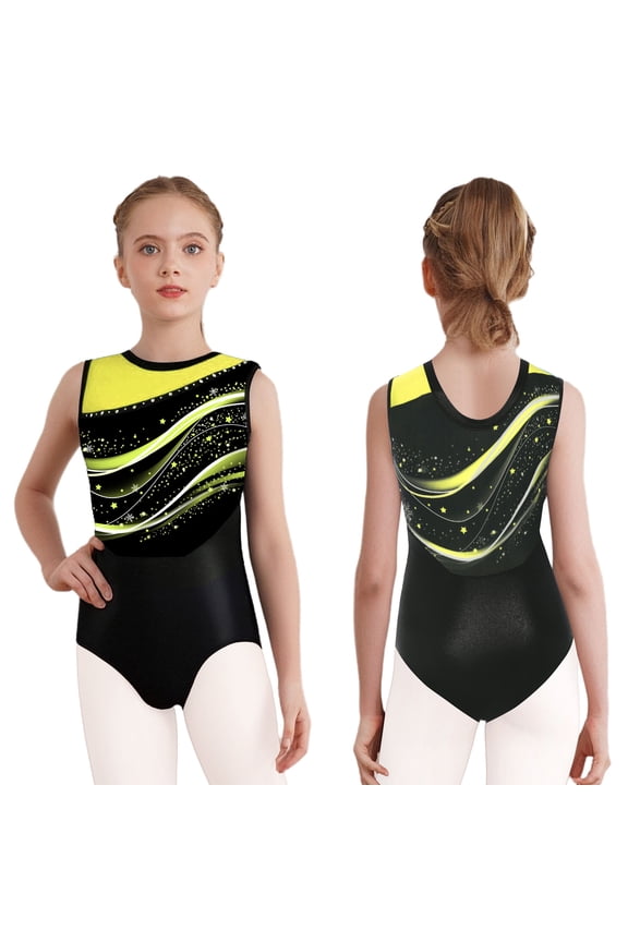 Girls Gymnastics Leotards Sparkly Sleeveless Unitard Biketard Sleeveless Figure Skating Competition Dancewear Fluorescent Yellow 8