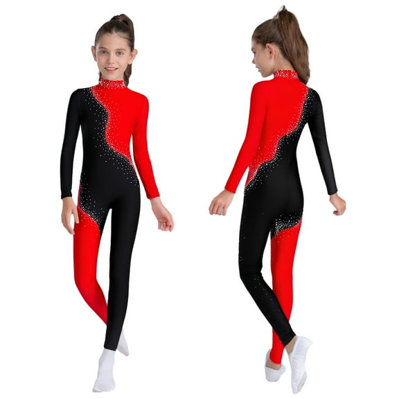 Aislor Girls' Gymnastics Leotards Sports Activewear Full Body Long Sleeve Unitard Catsuit Athletic Dance Bodysuit Red 14