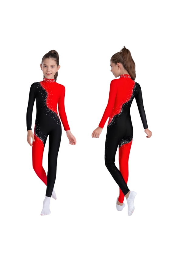 Girls' Gymnastics Leotards Sports Activewear Full Body Long Sleeve Unitard Catsuit Athletic Dance Bodysuit Red 6