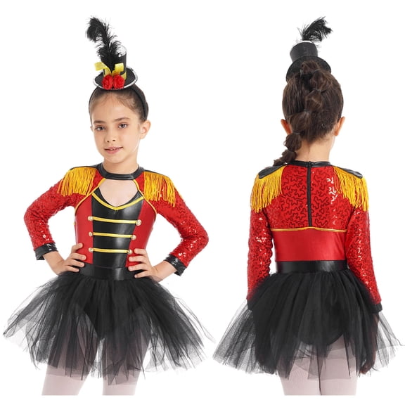 Aislor Girls Halloween Party Magician Show Dress Leotard Kids Long Sleeve Sequins Tutu Dress with Hat Red 8