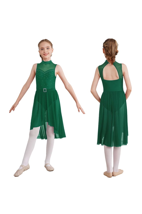 Girls High Low Dress Latin Jazz Modern Dance Contemporary Dancewear Green 16
