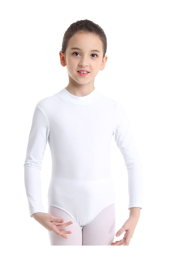 Girls High Mock Neck Long Sleeve Ballet Dance Leotard Gymnastics Unitard Sports Top Size 3-16 White 5-6