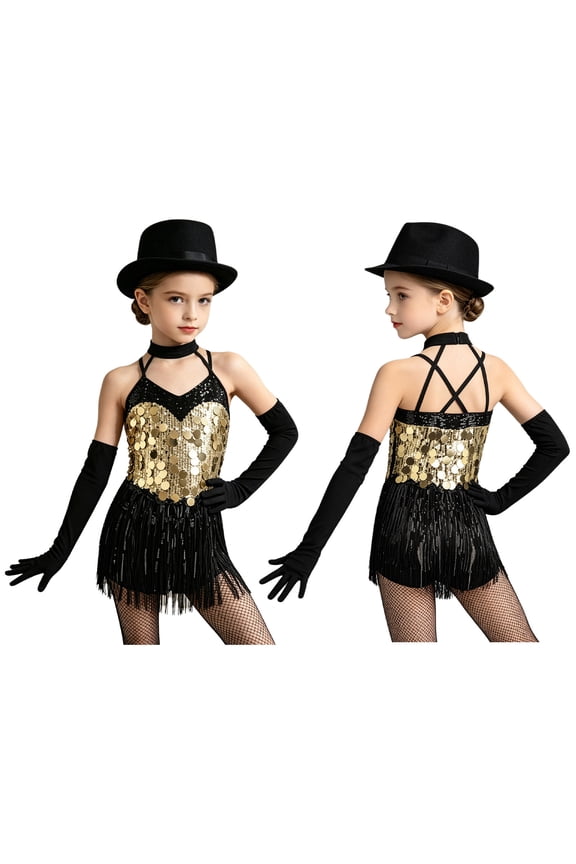 Girls Jazz Dance Ballroom Tango Cha-cha Latin Dress Fringe Leotard with Gloves Dancewear Gold 16