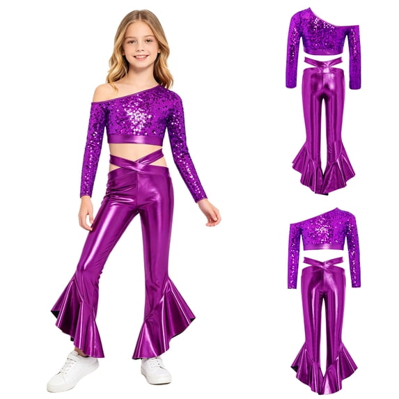Aislor Girls Jazz Dance One Shoulder Long Sleeve Sequins Crop Top with Flared Pants for Performance Competition Purple 12