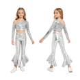 thumbnail image 1 of Aislor Girls Jazz Dance One Shoulder Long Sleeve Sequins Crop Top with Flared Pants for Performance Competition Silver 8, 1 of 7