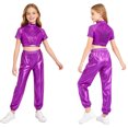 thumbnail image 1 of Aislor Girls Jazz Dance Outfit Mock Neck Short Sleeve Sequins Metallic Back Invisible Zipper Crop Top with Pants Purple 8, 1 of 7