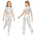 thumbnail image 1 of Aislor Girls Jazz Dance Outfit Mock Neck Short Sleeve Sequins Metallic Back Invisible Zipper Crop Top with Pants Silver 16, 1 of 7